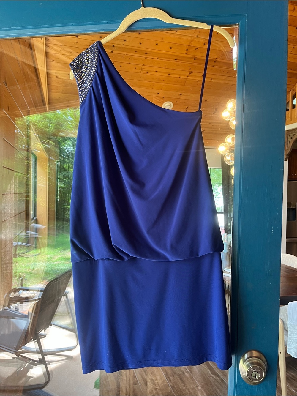 Cache One-Shoulder Royal Blue Dress with Beaded Shoulder